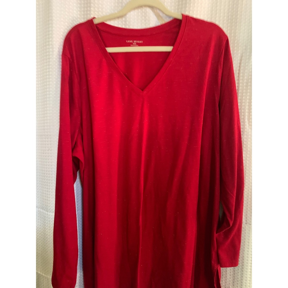 Lane Bryant Red Sparkle V-Neck Long Sleeve Top Plus Size 22/24 Metallic‎ Shimmer